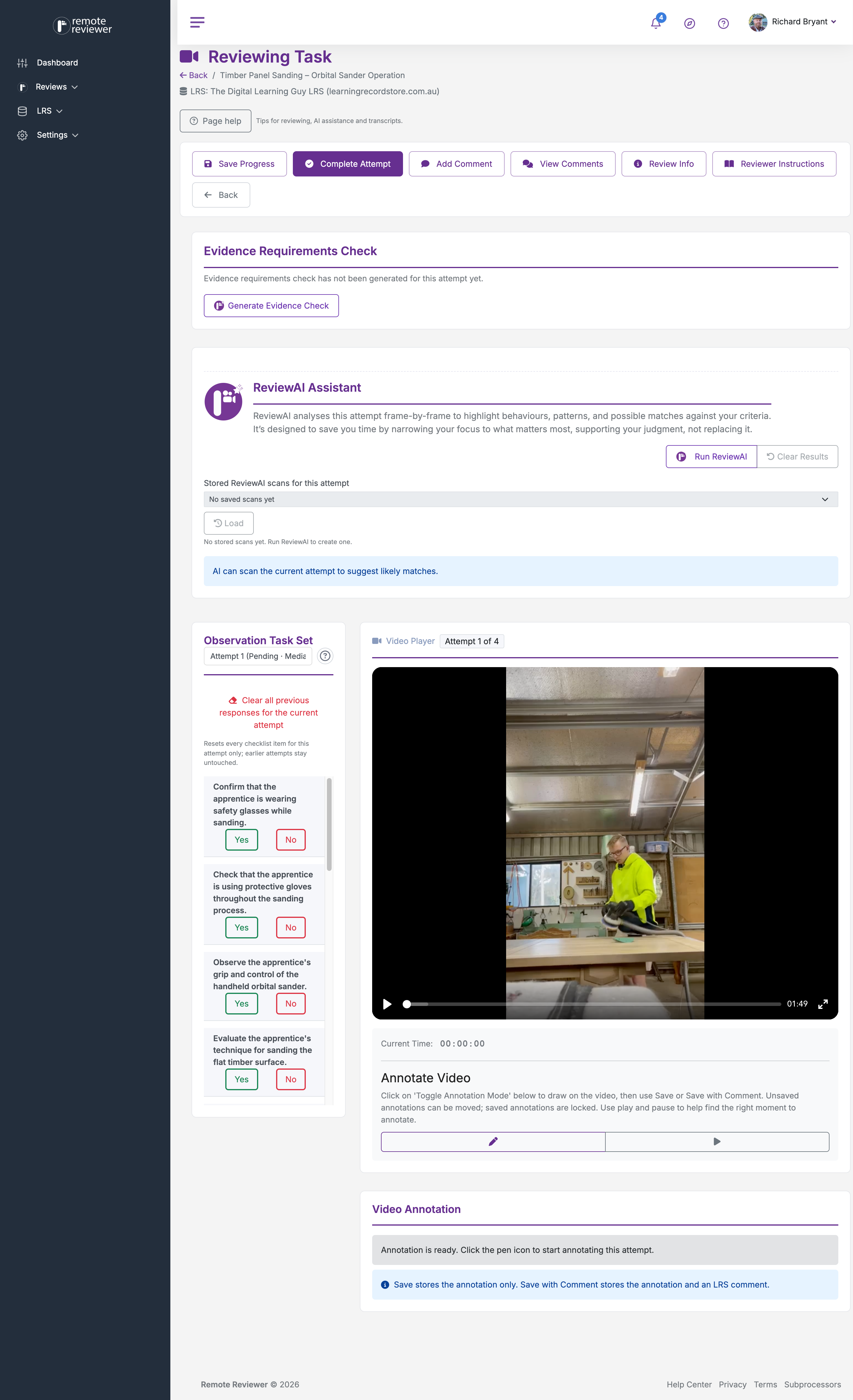 Remote Reviewer workspace showing assessment review workflow